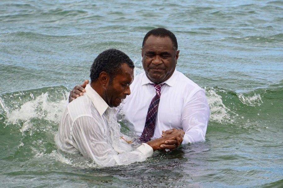 By your profession of faith in the Lord Jesus Christ, I baptize you in the name of the Father, and of the Son, and of the Holy Spirit. Buried with Him, in the likeness of His death, raised with Him, in the likeness of His ressurrection to walk in the newness of life.