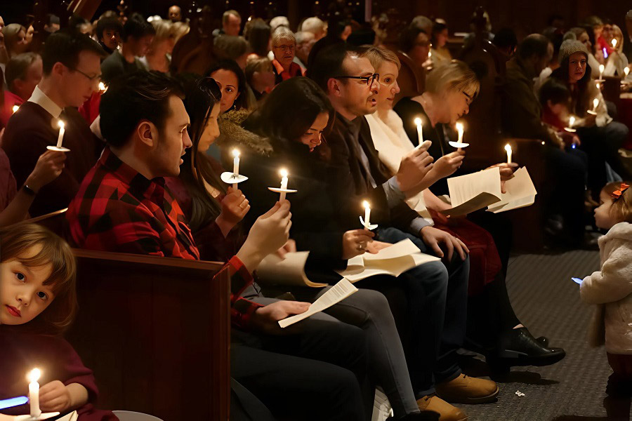 On Christmas Eve, the whole family went to candle light services at church, with only the man staying behind. 